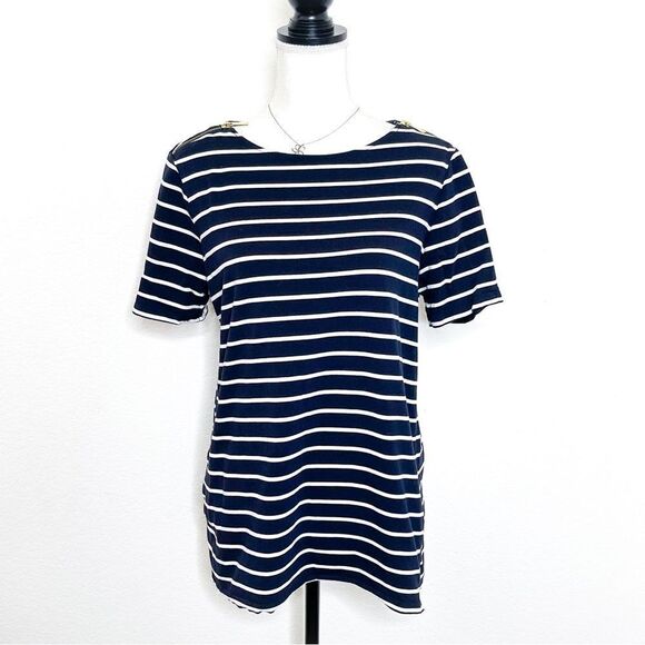 🍋 Michael Kors • Navy & White Striped Top with Gold Shoulder Zippers Size L - Picture 1 of 8